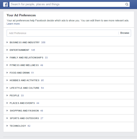 फेसबुक विज्ञापन वरीयता श्रेणियां