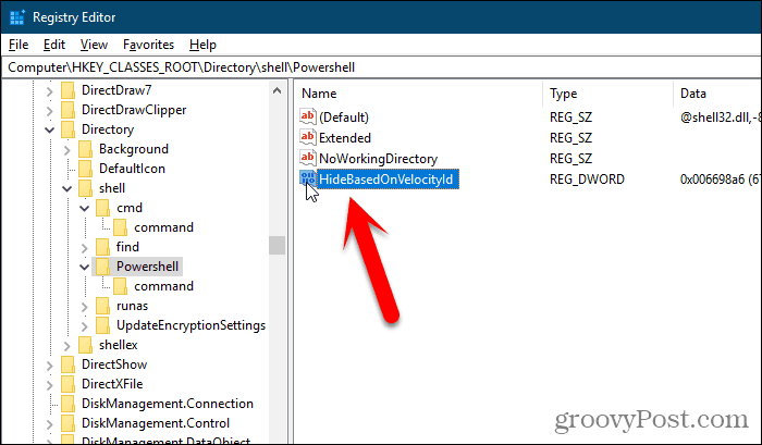 Windows रजिस्ट्री संपादक में ShowBasedOnVelocityId कुंजी का नाम बदलें