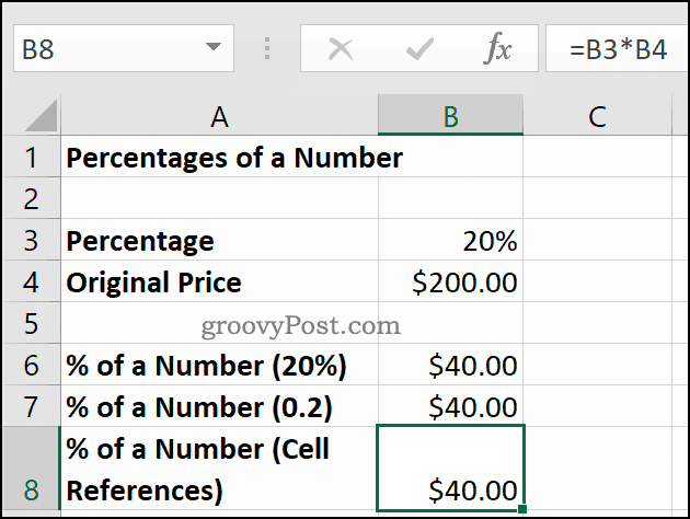 किसी संख्या का प्रतिशत, Microsoft Excel में दिखाया गया है