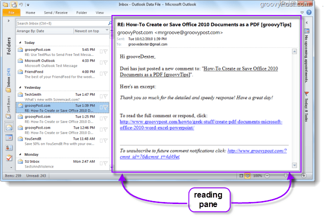 आउटलुक 2010 में डिफ़ॉल्ट पठन स्थान को कैसे बदलें और पढ़ने के लिए ईमेल को आसान बनाएं