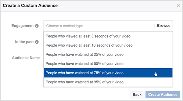 Facebook Create a Custom Audience डायलॉग बॉक्स में उन लोगों को विज्ञापन लक्षित करने के विकल्प हैं, जिन्होंने आपके वीडियो का एक निश्चित प्रतिशत देखा था।