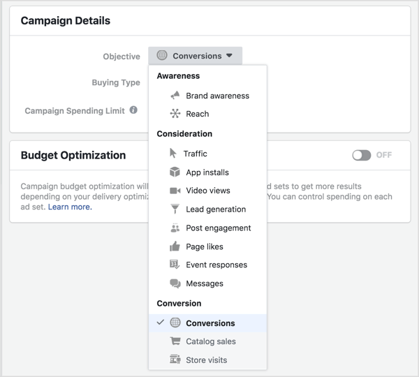 उद्देश्य ड्रॉप-डाउन सूची से अपना नया फेसबुक विज्ञापन उद्देश्य चुनें।