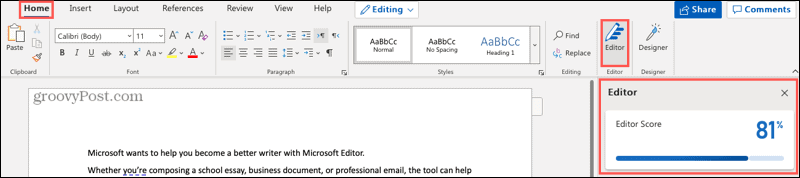 Word ऑनलाइन में Microsoft Editor बटन और साइडबार