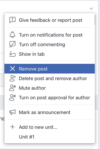 अपने समूह से किसी पोस्ट को हटाने के लिए अपने फेसबुक समूह समुदाय, फेसबुक मेनू विकल्प में सुधार कैसे करें