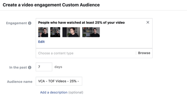 वीडियो दर्शकों के फेसबुक कस्टम ऑडियंस बनाएं, चरण 2।