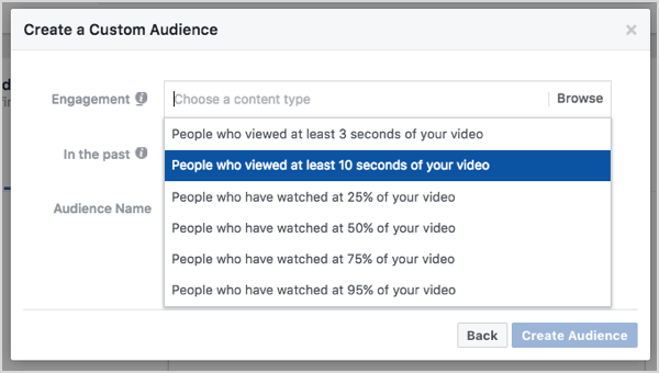 10 सेकंड के वीडियो दृश्यों पर आधारित फेसबुक कस्टम दर्शक।
