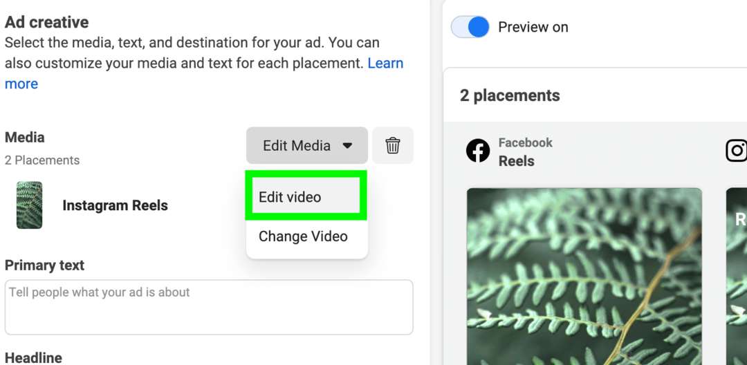 Instagram के लिए वीडियो संपादित करने के विकल्प की छवि रील विज्ञापन प्लेसमेंट