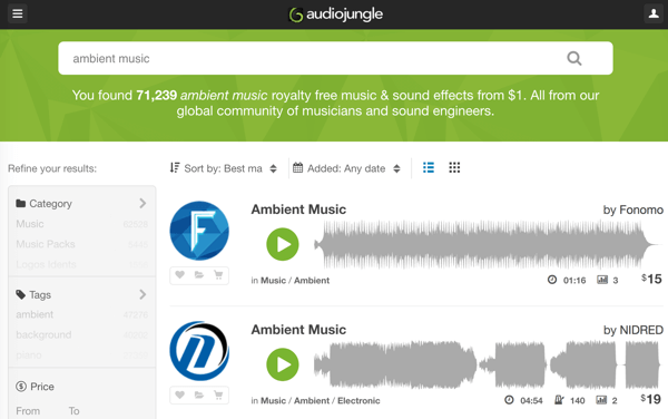 $ 1 से शुरू होने वाले रॉयल्टी-मुक्त संगीत और ऑडियो ट्रैक के AudioJungle के मजबूत पुस्तकालय के माध्यम से खोजें।