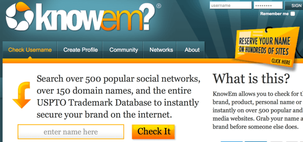 knowem एक त्वरित व्यवसाय या ब्रांड खोज प्रदान करता है