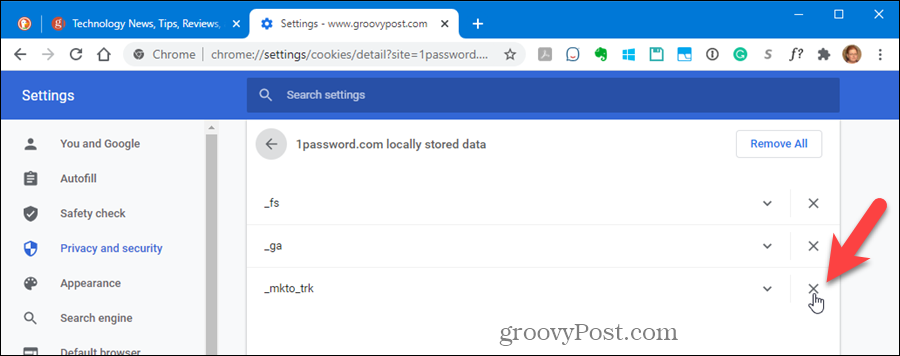 Chrome की सेटिंग में एक व्यक्तिगत कुकी हटाएं