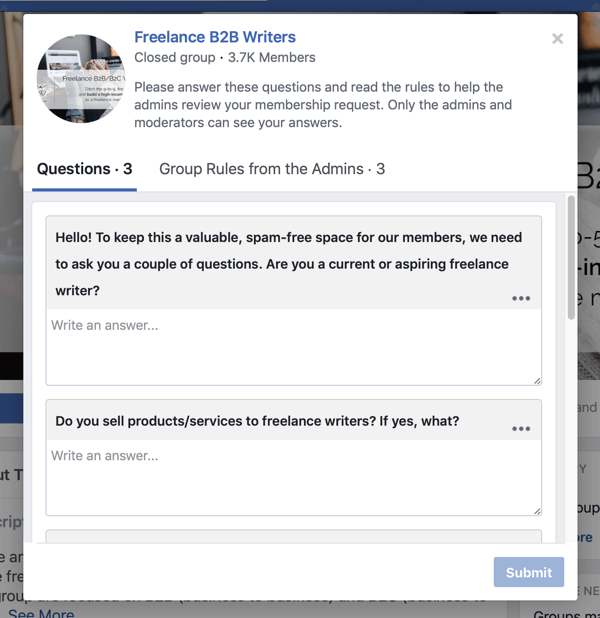 अपने फेसबुक समूह समुदाय में सुधार कैसे करें, फ्रीलांस बी 2 बी राइटर्स द्वारा फेसबुक समूह के नए सदस्य प्रश्नों का उदाहरण