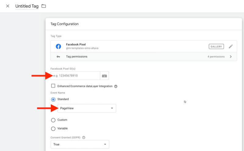 उदाहरण Google टैग प्रबंधक नया टैग विन्यास के साथ टैग प्रकार के लिए सेट फेसबुक पिक्सेल, और फेसबुक पिक्सेल आईडी क्षेत्र पर प्रकाश डाला, घटना के नाम मानक के रूप में चयनित और पेजव्यू के लिए सेट के साथ