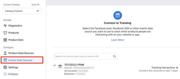 फेसबुक कैटलॉग टूल को अपने कैटलॉग से जोड़ने के लिए फेसबुक इवेंट सेटअप टूल, स्टेप 24, मेन्यू विकल्प का उपयोग करें