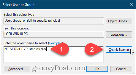 उपयोगकर्ता नाम दर्ज करें और Windows रजिस्ट्री कुंजी के लिए चेक नाम पर क्लिक करें