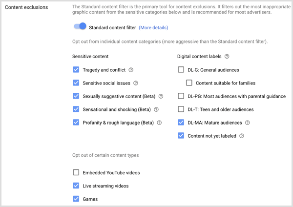 Google AdWords अभियान के लिए सामग्री बहिष्करण सेटिंग्स।