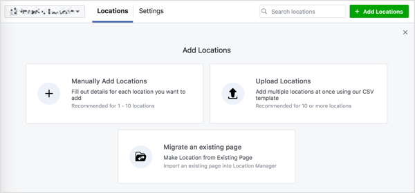 आप अपने फेसबुक पेज पर स्थानों को जोड़ने के लिए तीन विकल्प देखते हैं।