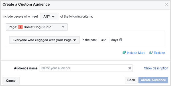 फेसबुक एक कस्टम ऑडियंस डायलॉग बॉक्स बनाएं जो आपको उन लोगों को विज्ञापनों को लक्षित करने की अनुमति देता है जो एक निश्चित समय सीमा के भीतर आपकी वेबसाइट से जुड़े हैं।