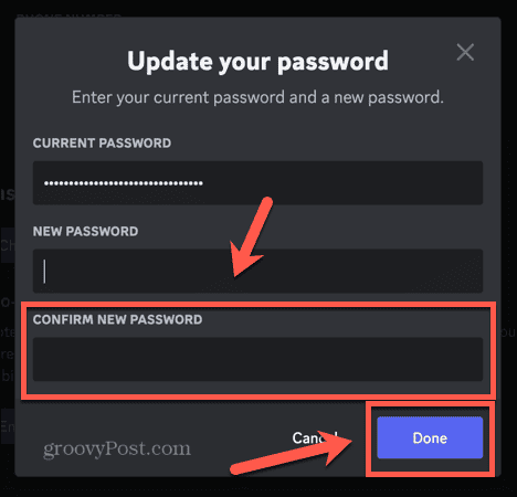 कलह नए पासवर्ड की पुष्टि करें