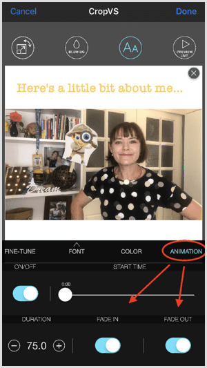 CropVS में फीका और फीका करने के लिए एनिमेशन समायोजित करने के लिए एनिमेशन टैप करें।