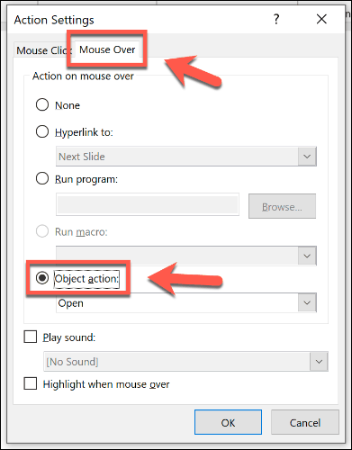 PowerPoint में माउस के साथ खोलने के लिए एक ऑब्जेक्ट सेट करना
