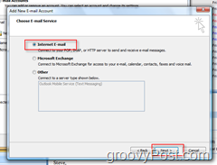 Outlook 2007 में नया मेल खाता बनाएँ:: इंटरनेट ई-मेल रेडियो बटन