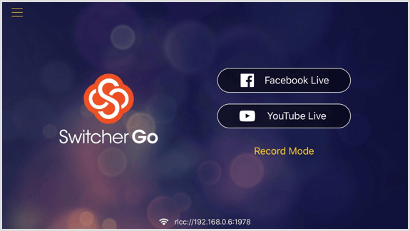 स्विचर गो स्क्रीन जहां आप अपने फेसबुक और यूट्यूब अकाउंट कनेक्ट कर सकते हैं