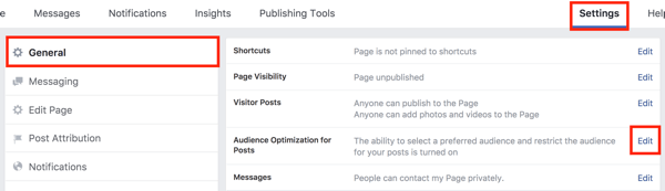अपनी फेसबुक पेज सेटिंग्स में, पोस्ट विकल्प के लिए ऑडियंस ऑप्टिमाइज़ेशन के दाईं ओर एडिट बटन पर क्लिक करें।