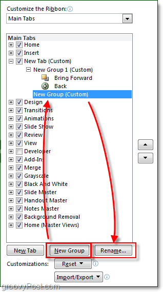 कार्यालय 2010 में रिबन में टैब और समूहों का नाम बदलें