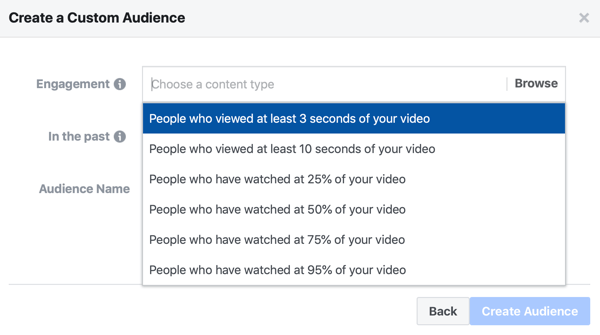 उन लोगों के फेसबुक विज्ञापन कस्टम ऑडियंस बनाने का विकल्प जिन्होंने आपके वीडियो का एक भाग देखा।