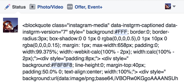 अपने इंस्टाग्राम पोस्ट से फेसबुक स्टेटस अपडेट में एम्बेड कोड पेस्ट करें।