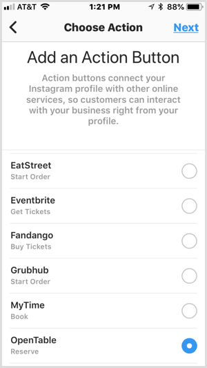 Instagram तृतीय-पक्ष सेवाओं के लिए एक एक्शन बटन स्क्रीन जोड़ें