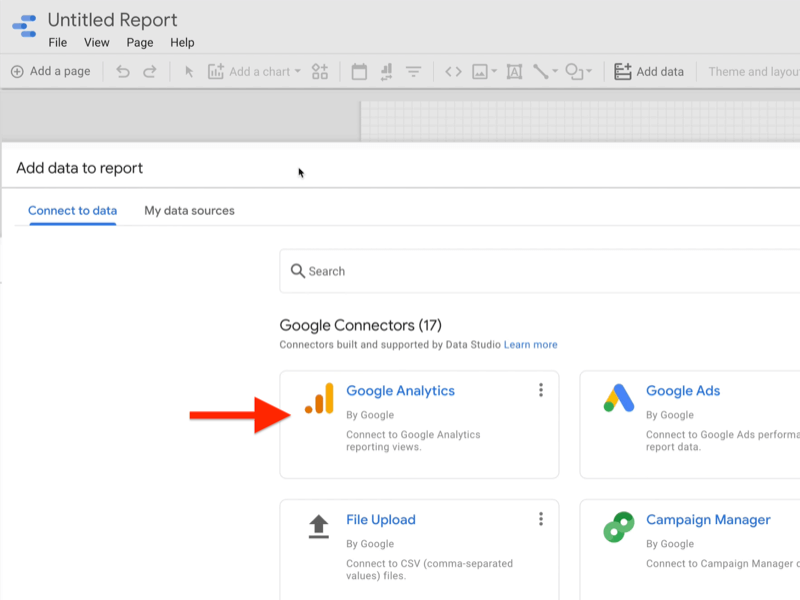 उदाहरण Google डेटा स्टूडियो रिक्त रिपोर्ट बनाएं डेटा जोड़ें रिपोर्ट मेनू में डेटा कनेक्ट करने के लिए कनेक्ट करें टैब, जो Google कनेक्टर के साथ Google कनेक्टर को Google कनेक्टर द्वारा हाइलाइट किया गया है
