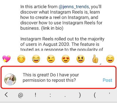 इंस्टाग्राम पोस्ट का उदाहरण टिप्पणी की प्रतिक्रिया की प्रशंसा करता है और सामग्री को फिर से तैयार करने की अनुमति मांगता है