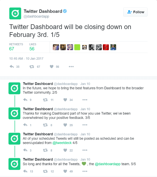 ट्विटर 3 फरवरी, 2017 को ट्विटर डैशबोर्ड को बंद कर देगा।