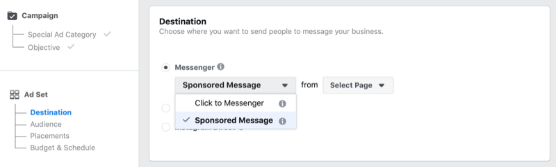 फेसबुक विज्ञापन प्रबंधक में फेसबुक प्रायोजित संदेश विकल्प