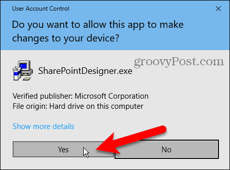 Sharepoint Designer 2010 स्थापित करने के लिए उपयोगकर्ता खाता नियंत्रण (UAC) संवाद बॉक्स