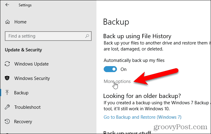 किसी फ़ाइल को पुनर्स्थापित करने के लिए अधिक विकल्प पर क्लिक करें