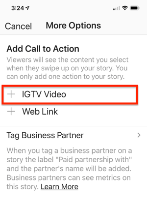 अपनी Instagram कहानी में जोड़ने के लिए IGTV वीडियो लिंक का चयन करने का विकल्प।
