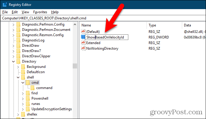 Windows रजिस्ट्री संपादक में ShowBasedOnVelocityId के लिए HideBasedOnVelocityId मान का नाम बदलें