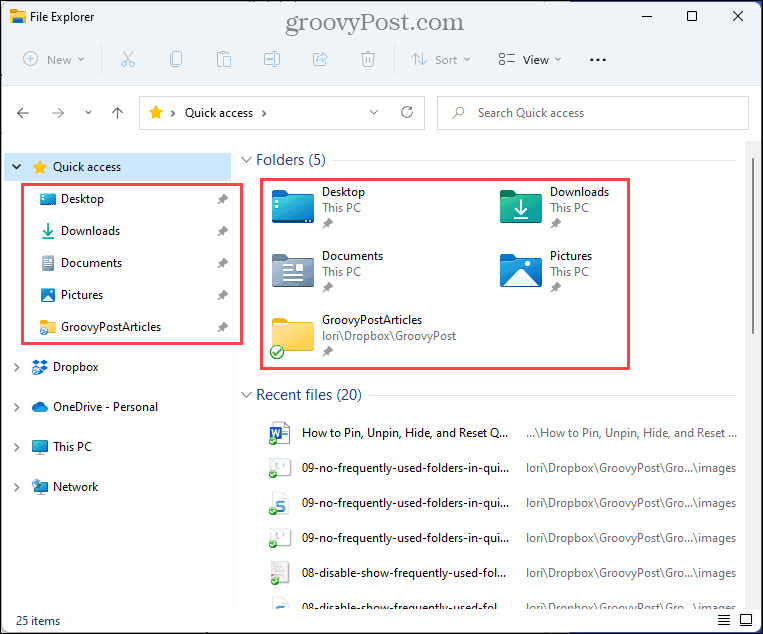 त्वरित पहुँच में अक्सर उपयोग किए जाने वाले फ़ोल्डर नहीं