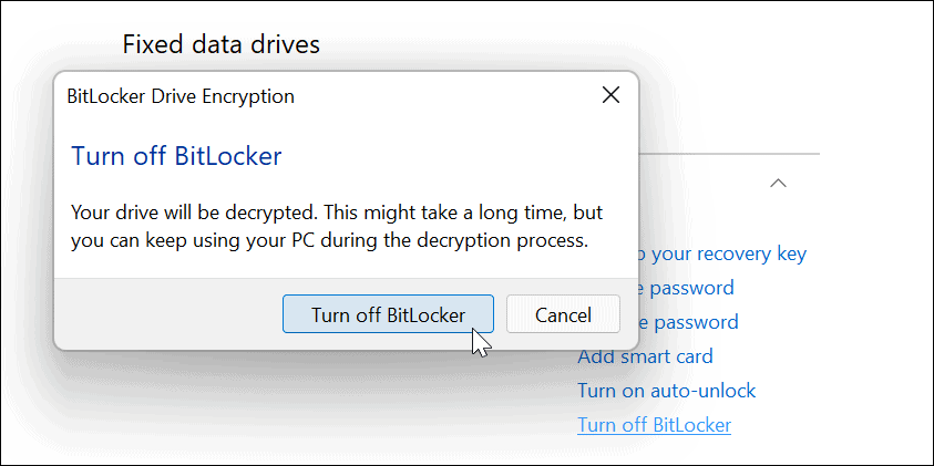 BitLocker को बंद करें पुष्टि करें