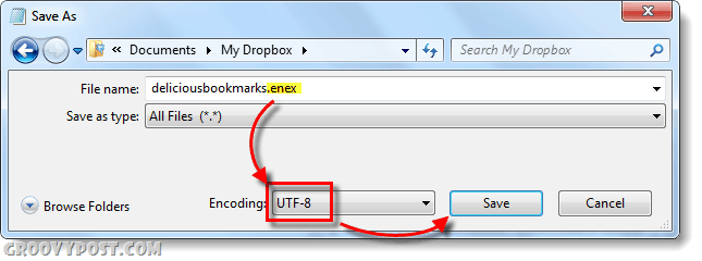 utf-8 एन्कोडिंग के साथ .enex के रूप में नोटपैड फाइल को सेव करें