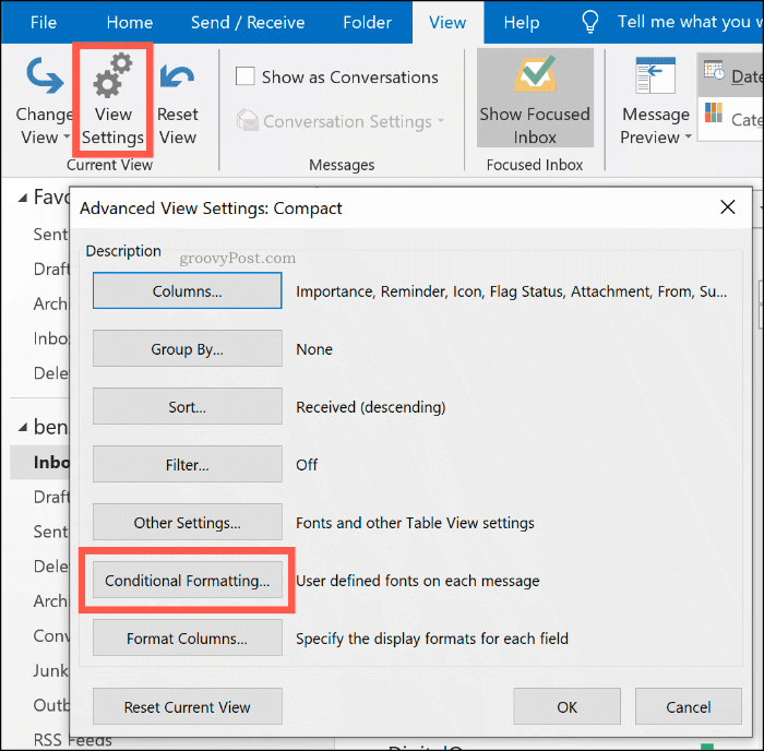 Microsoft Outlook में सशर्त स्वरूपण विकल्प बटन