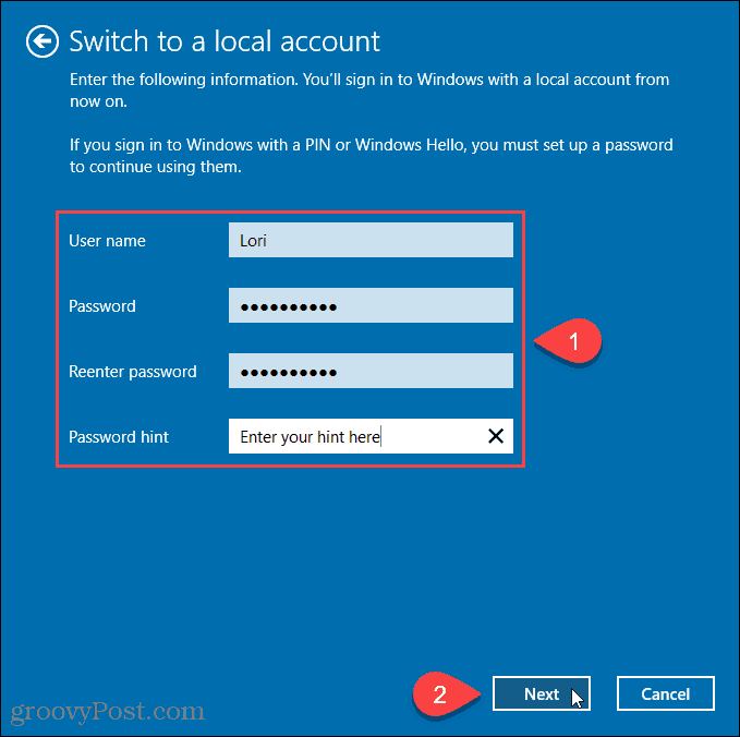नए स्थानीय खाते के लिए उपयोगकर्ता नाम और पासवर्ड दर्ज करें