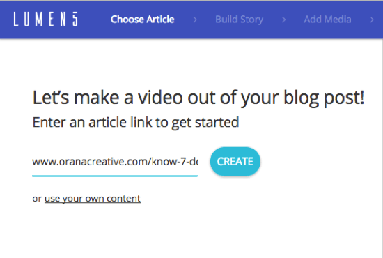 उस ब्लॉग पोस्ट के लिए URL जोड़ें जिसमें से आप Lumen5 वीडियो बनाना चाहते हैं।