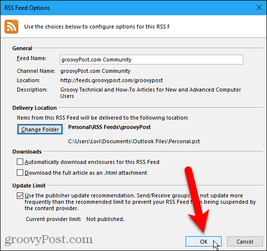 Outlook में RSS फ़ीड विकल्प संवाद बॉक्स बंद करें