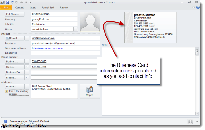Outlook 2010 में एक vCard बनाएँ