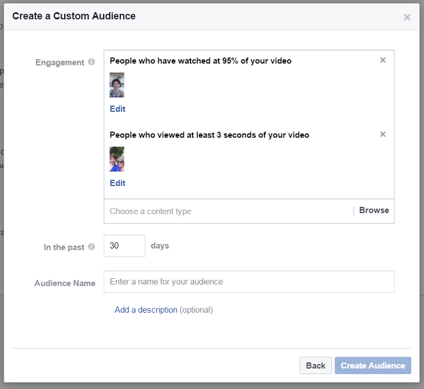 अपने फेसबुक व्यवसाय पृष्ठ पर अलग-अलग वीडियो देखने वाले लोगों के कस्टम ऑडियंस बनाएं।