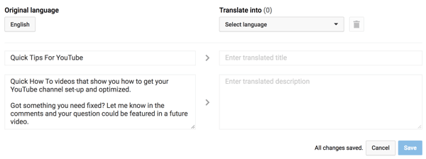 अपनी YouTube प्लेलिस्ट के लिए अनुवादित शीर्षक और विवरण दर्ज करें।