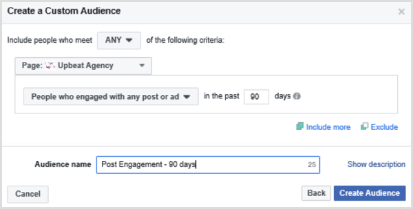 पिछले 90 दिनों में किसी भी पोस्ट या विज्ञापन से जुड़े लोगों के आधार पर फेसबुक कस्टम ऑडियंस सेट करने के विकल्प चुनें